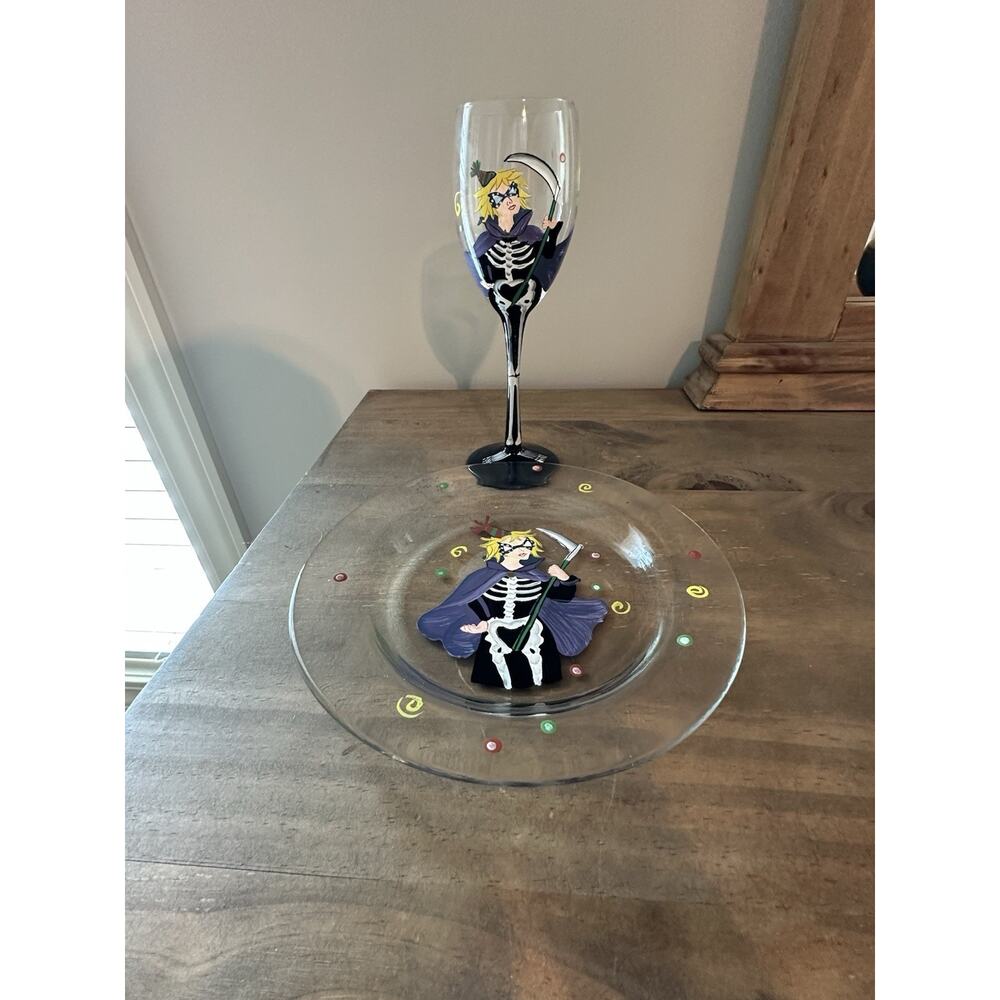 Hand Painted Halloween Skeleton Wine Glass And Plate